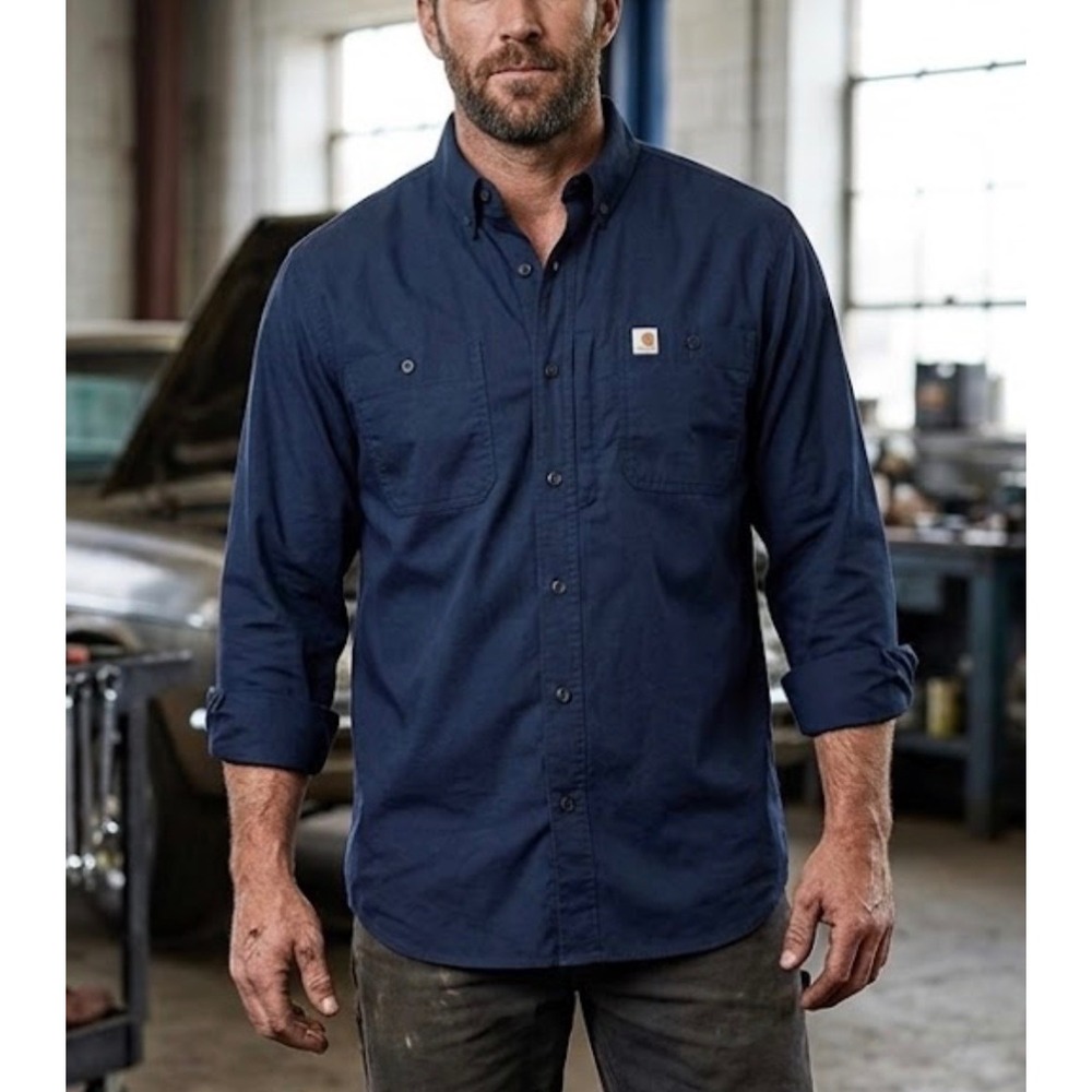 Carhartt Mens 2XL Navy Blue Relaxed Fit Long Sleeve Button Down Work Shirt‎